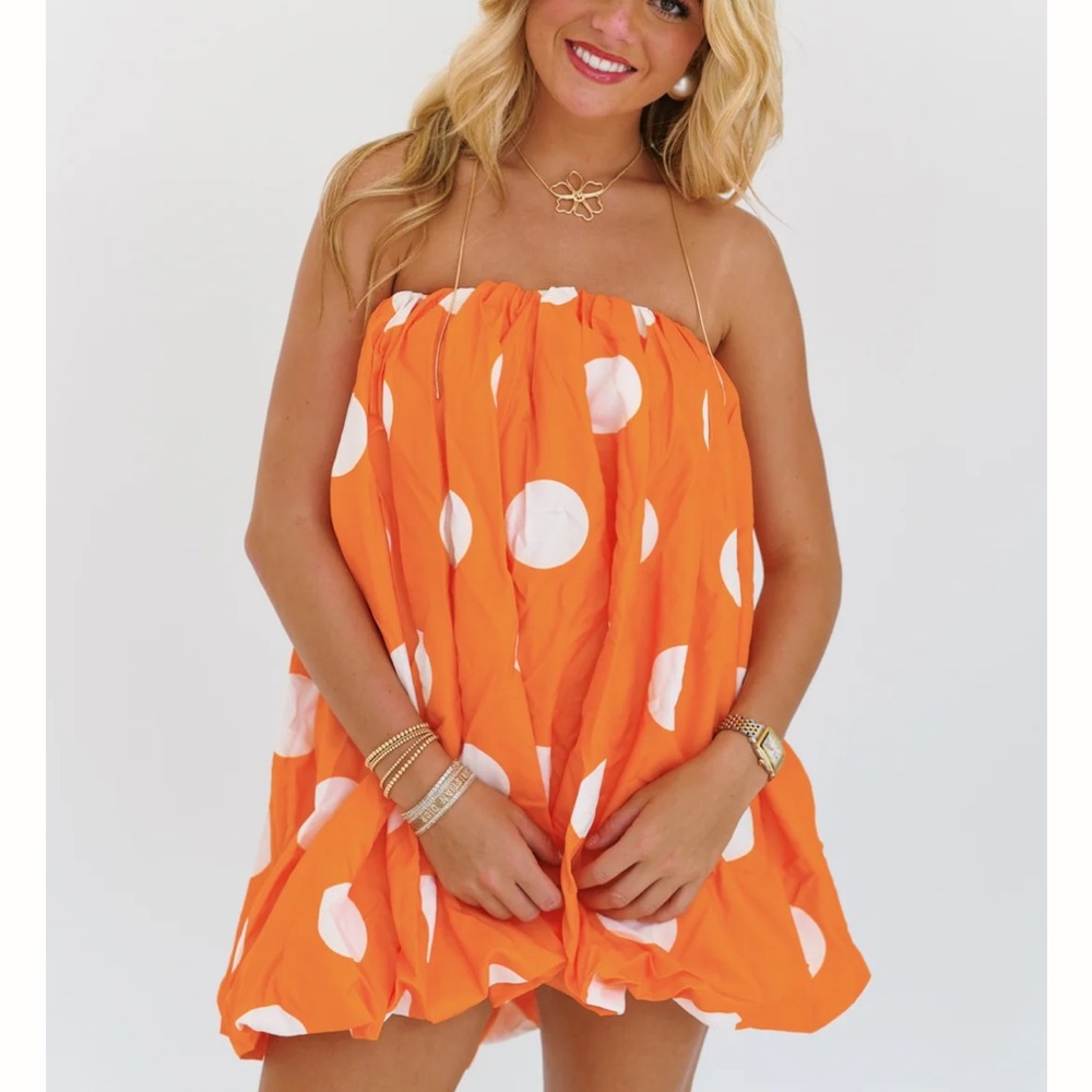Orange Polka Dot bubble Strapless Dress